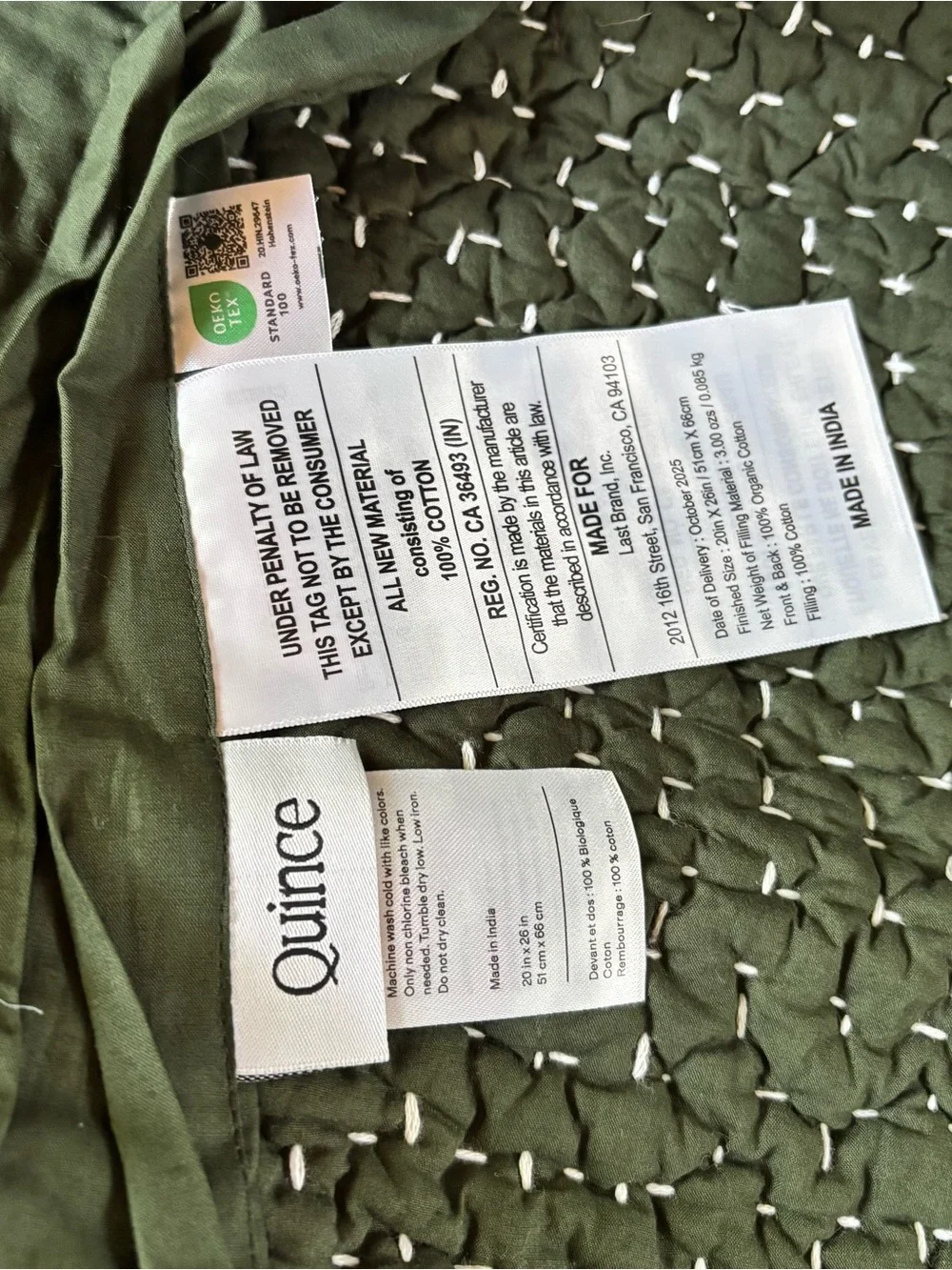 Quince Organic Cotton Hand Stitched Quilted Standard Sham Set Pine Green